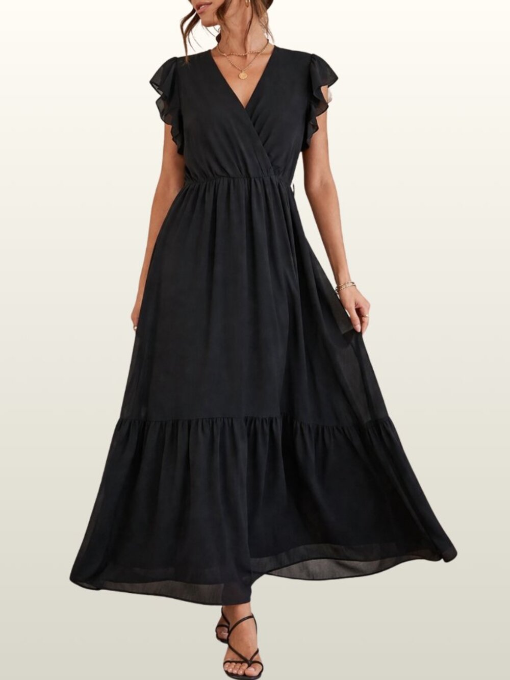 Black Chiffon Maxi Dress Ruffle Sleeve A-Line XL NWT Boho Romantic Flowy Elegant